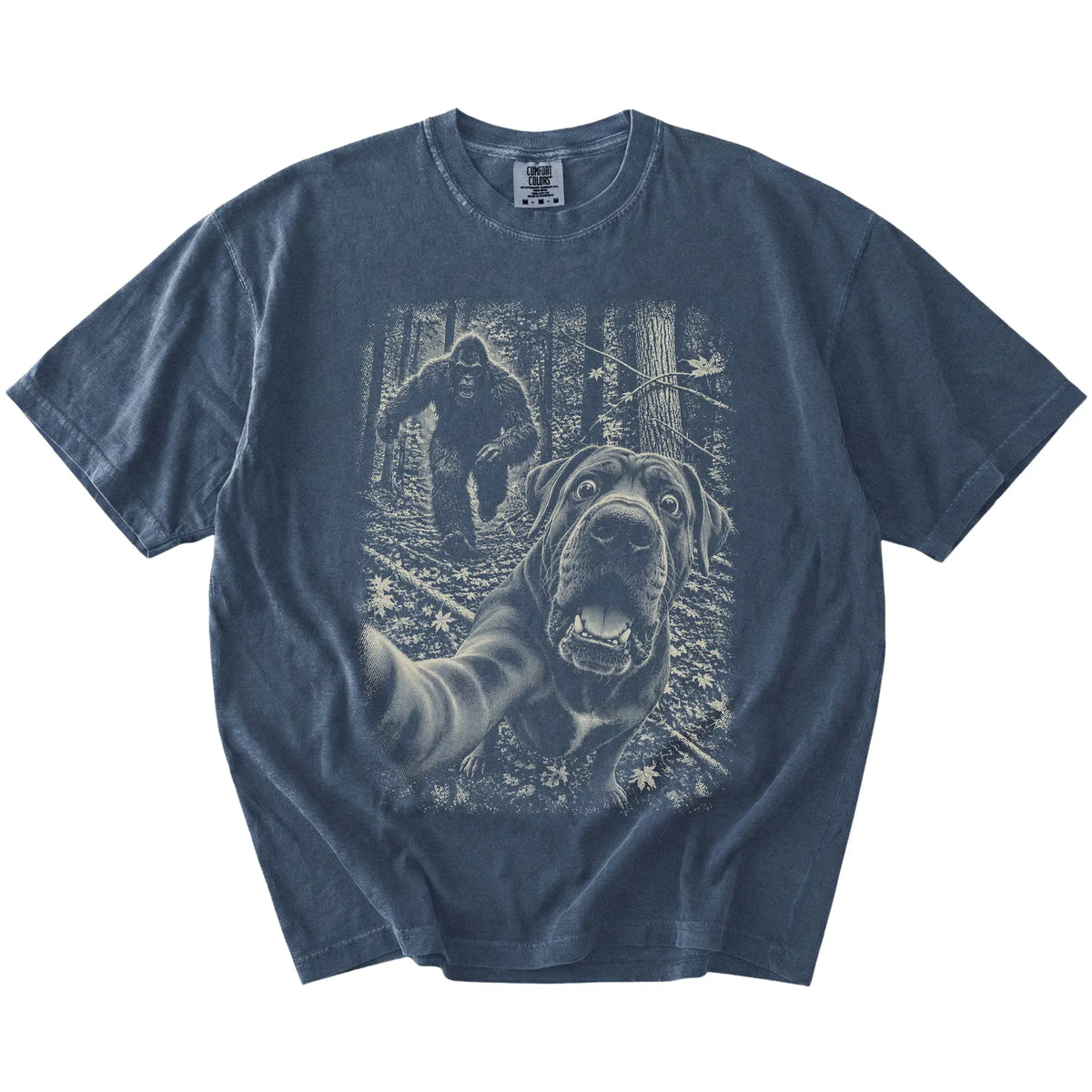 Denim Cane Corso Bigfoot selfie T-shirt, full garment view