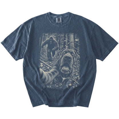 Denim Cane Corso Bigfoot selfie T-shirt, full garment view