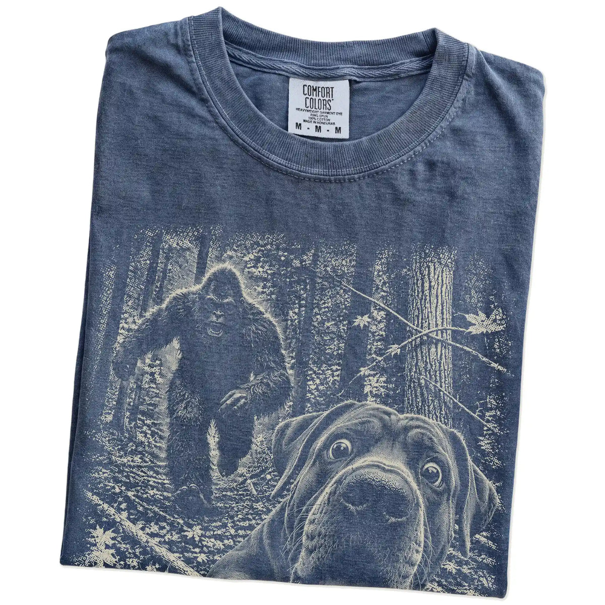 Denim Cane Corso Bigfoot selfie T-shirt, close-up view