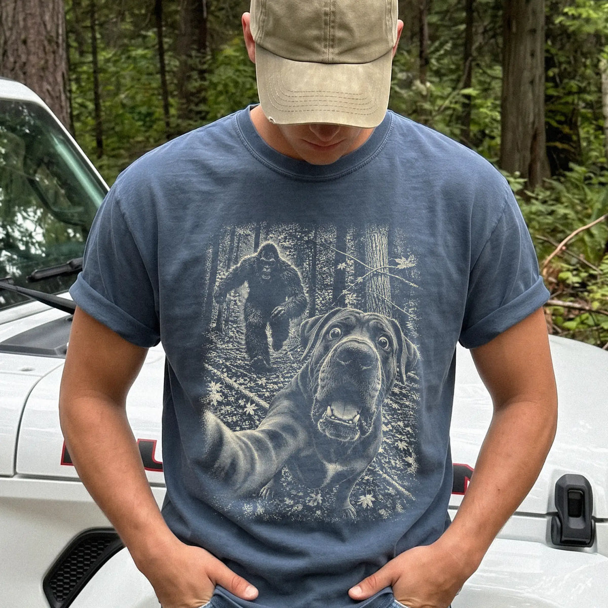 Denim Cane Corso Bigfoot selfie T-shirt, worn by a model