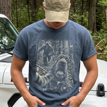 Denim Cane Corso Bigfoot selfie T-shirt, worn by a model