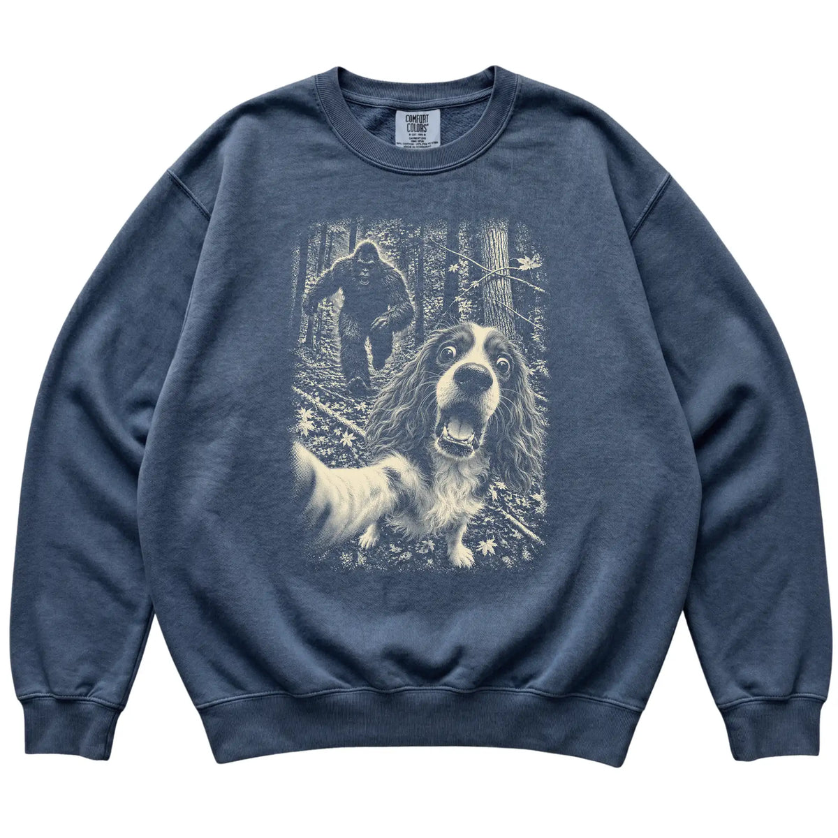 Denim Cavalier King Charles Spaniel Bigfoot selfie sweatshirt, full garment view