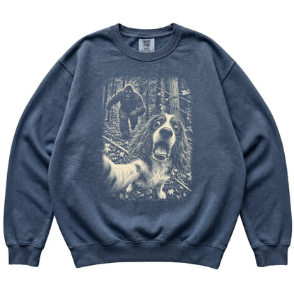 Denim Cavalier King Charles Spaniel Bigfoot selfie sweatshirt, full garment view