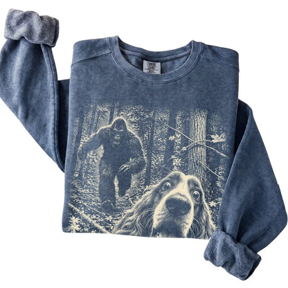Denim Cocker Spaniel Bigfoot selfie sweatshirt, close-up view