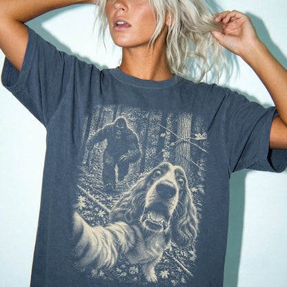 Denim Cocker Spaniel Bigfoot selfie T-shirt, worn by a model