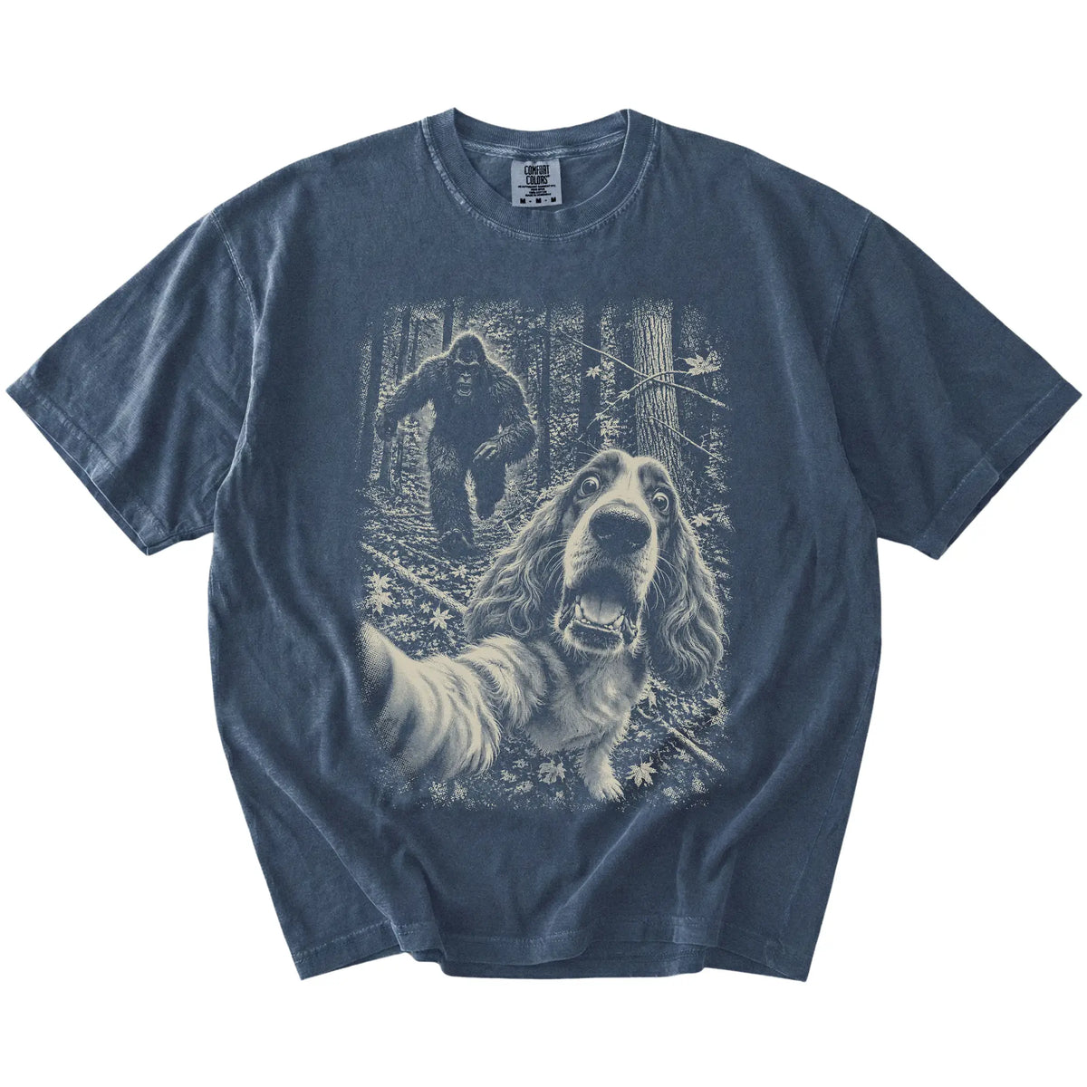 Denim Cocker Spaniel Bigfoot selfie T-shirt, full garment view