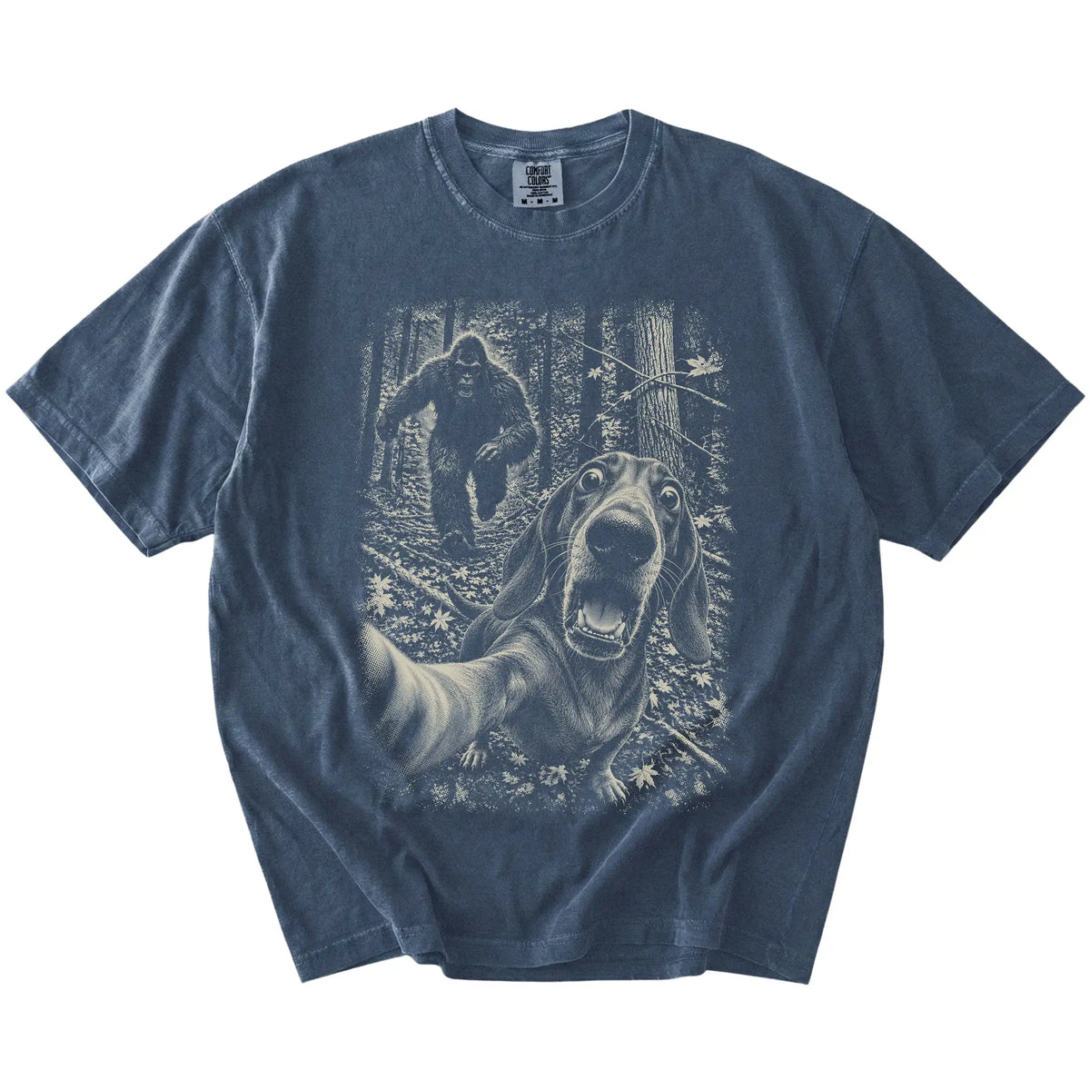 Denim Dachshund Bigfoot selfie T-shirt, full garment view