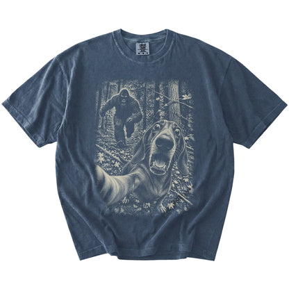 Denim Dachshund Bigfoot selfie T-shirt, full garment view