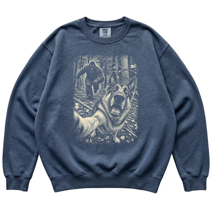 Denim German Shepherd Bigfoot selfie sweatshirt, full garment view
