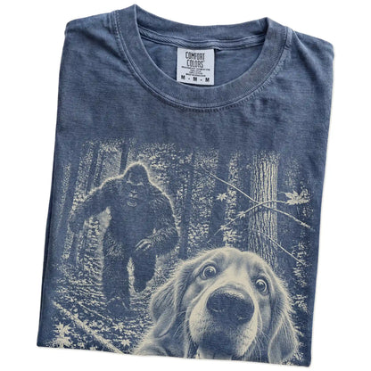 Denim Golden Retriever Bigfoot selfie T-shirt, close-up view