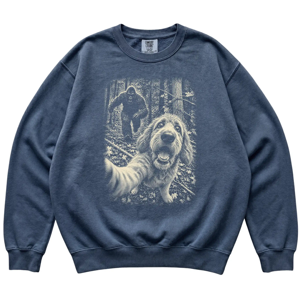 Denim Goldendoodle Bigfoot selfie sweatshirt, full garment view