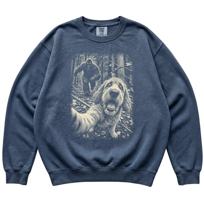 Denim Goldendoodle Bigfoot selfie sweatshirt, full garment view