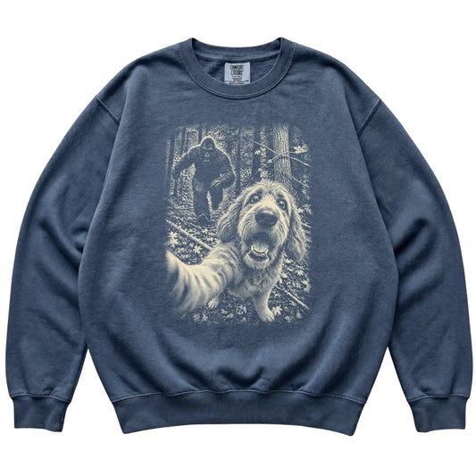 Denim Goldendoodle Bigfoot selfie sweatshirt, full garment view