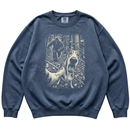 Denim Greyhound Bigfoot selfie sweatshirt, full garment view