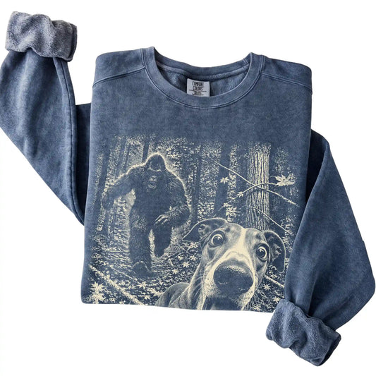 Denim Greyhound Bigfoot selfie sweatshirt, close-up view