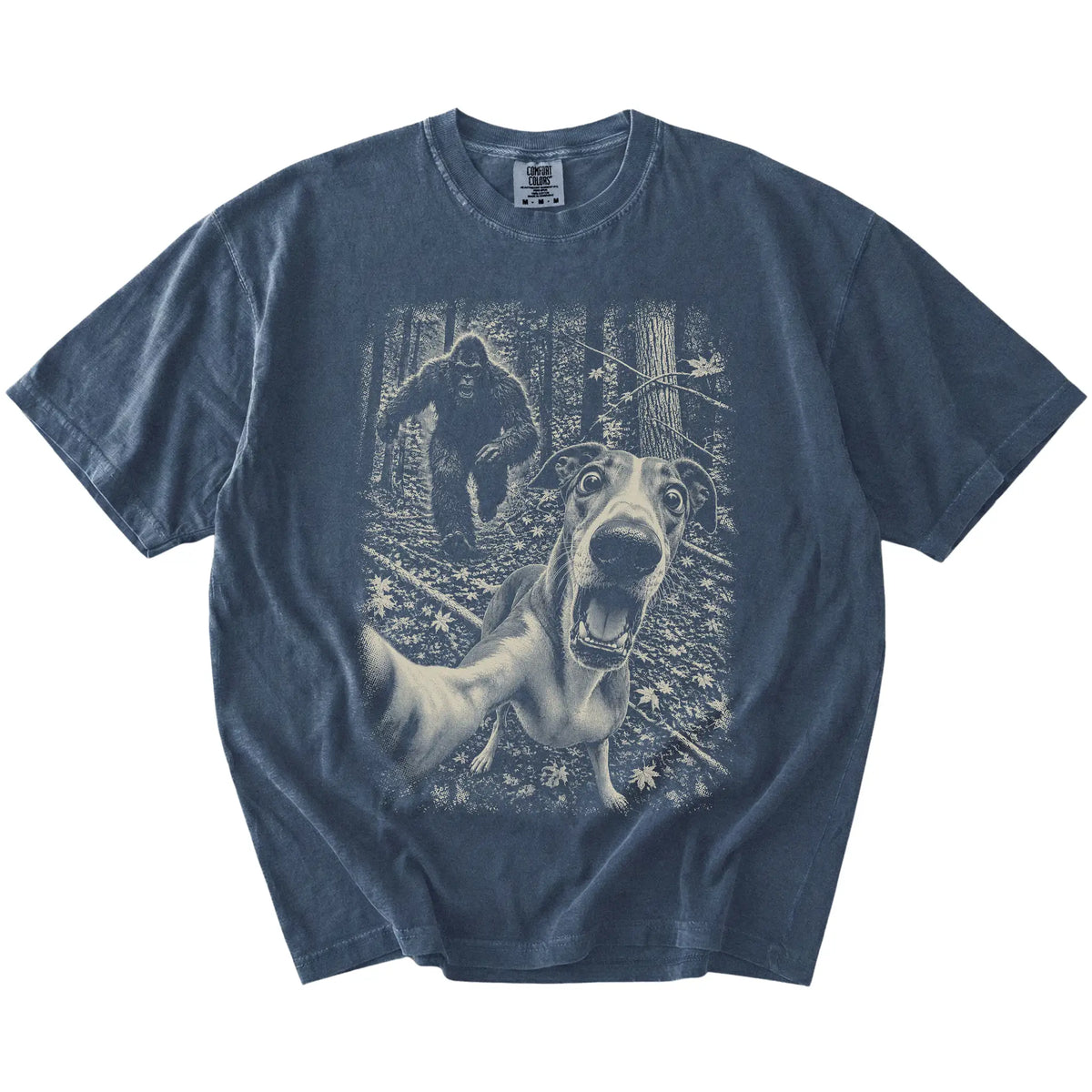 Denim Greyhound Bigfoot selfie T-shirt, full garment view
