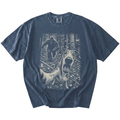 Denim Greyhound Bigfoot selfie T-shirt, full garment view