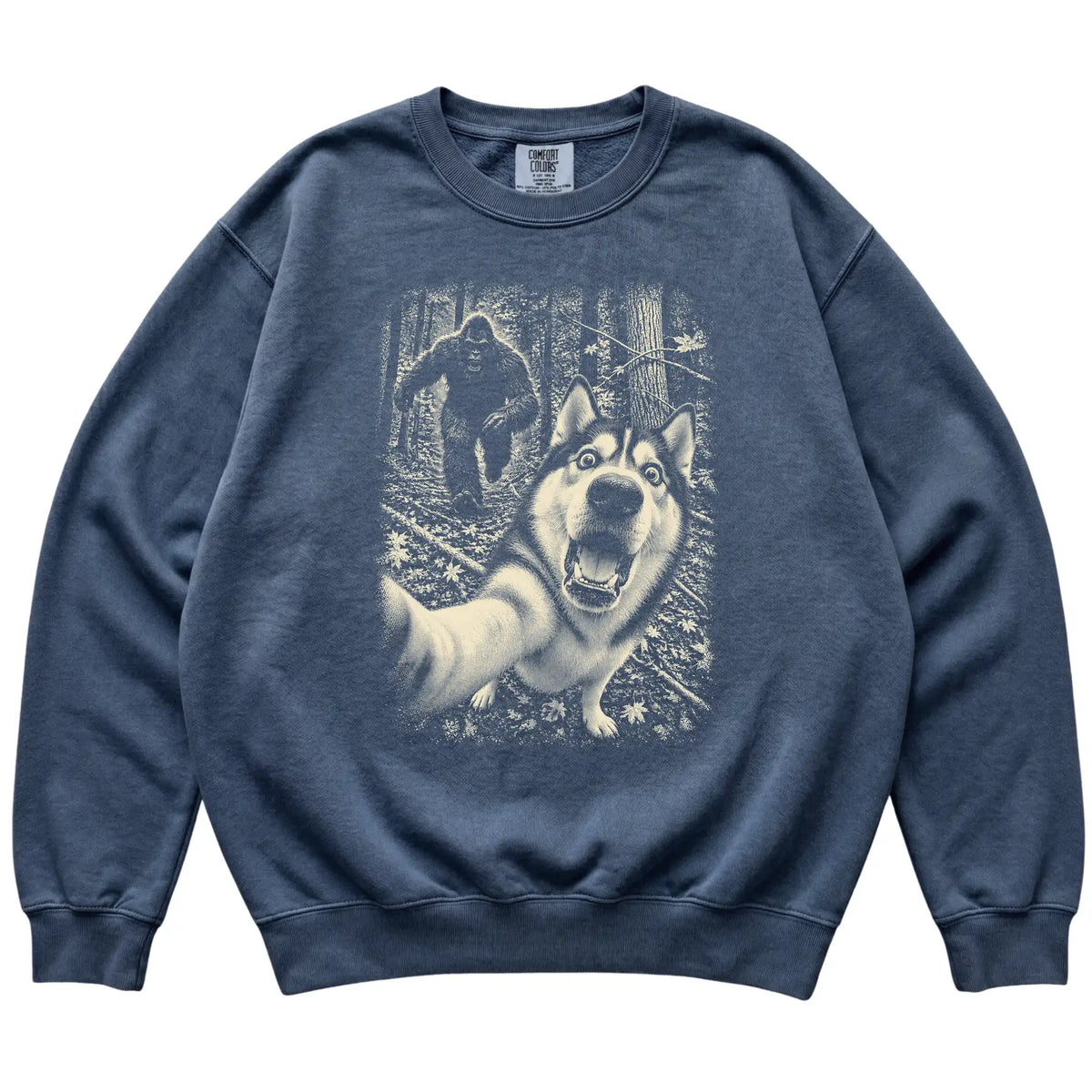 Denim Husky Bigfoot selfie sweatshirt, full garment view