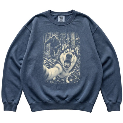 Denim Husky Bigfoot selfie sweatshirt, full garment view