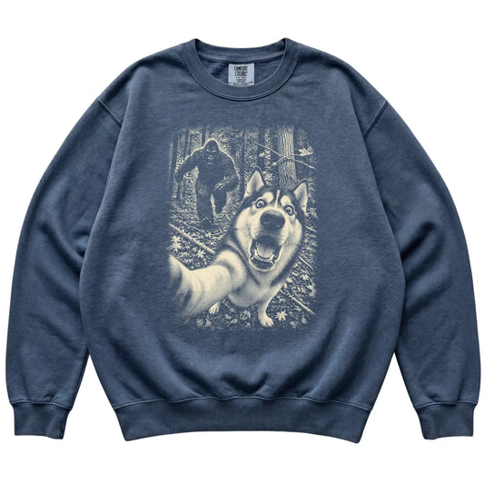 Denim Husky Bigfoot selfie sweatshirt, full garment view