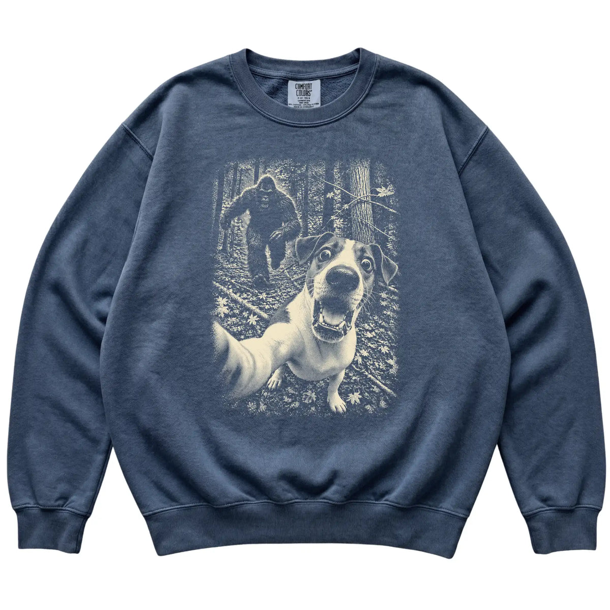 Denim Jack Russell Bigfoot selfie sweatshirt, full garment view