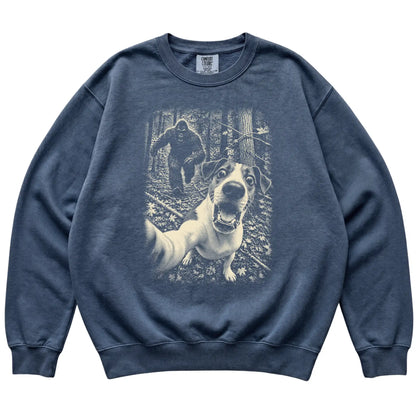 Denim Jack Russell Bigfoot selfie sweatshirt, full garment view