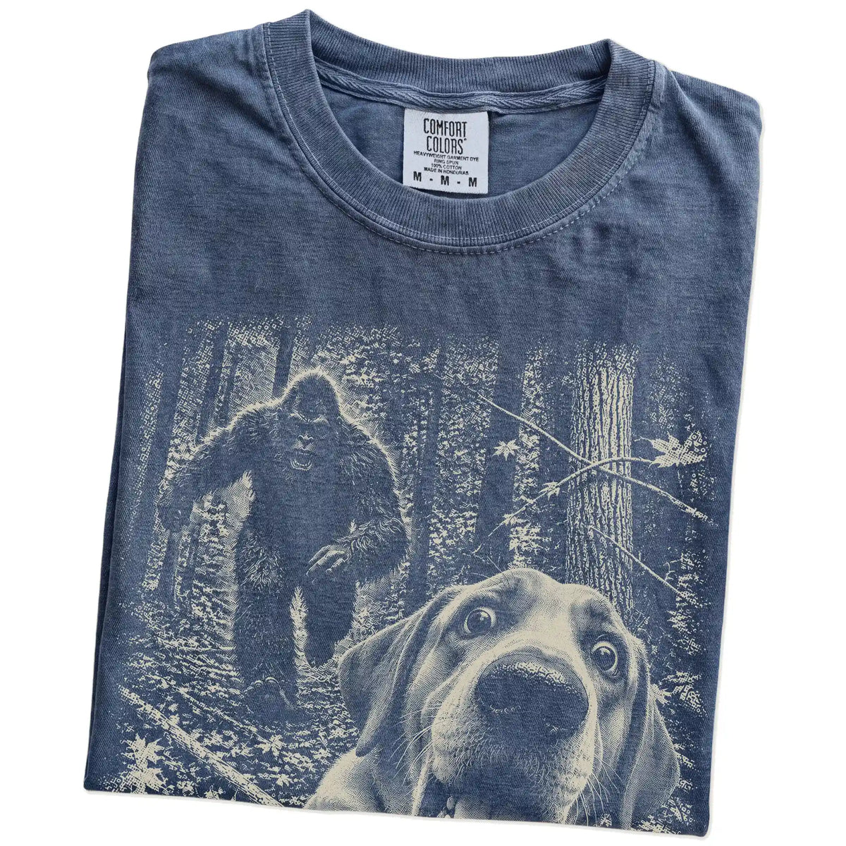 Denim Labrador Retriever Bigfoot selfie T-shirt, close-up view