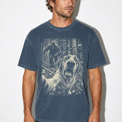 Denim Labrador Retriever Bigfoot selfie T-shirt, worn by a model