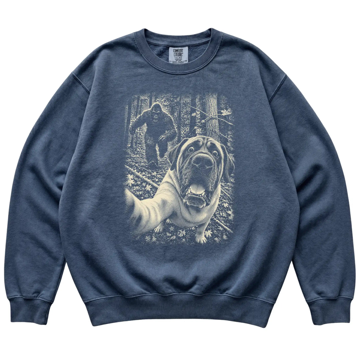 Denim Mastiff Bigfoot selfie sweatshirt, full garment view