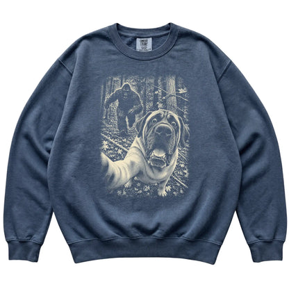 Denim Mastiff Bigfoot selfie sweatshirt, full garment view