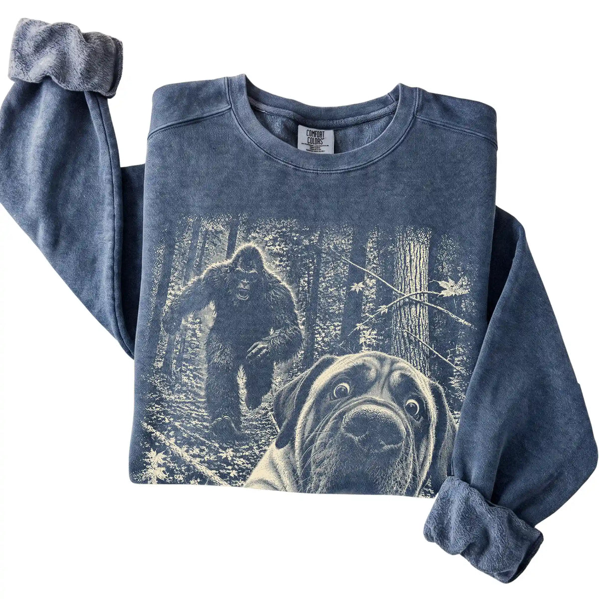 Denim Mastiff Bigfoot selfie sweatshirt, close-up view