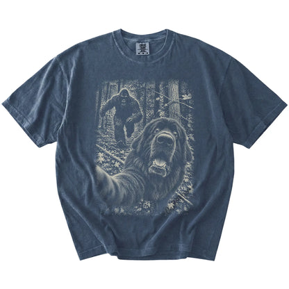 Denim Newfie Bigfoot selfie T-shirt, full garment view