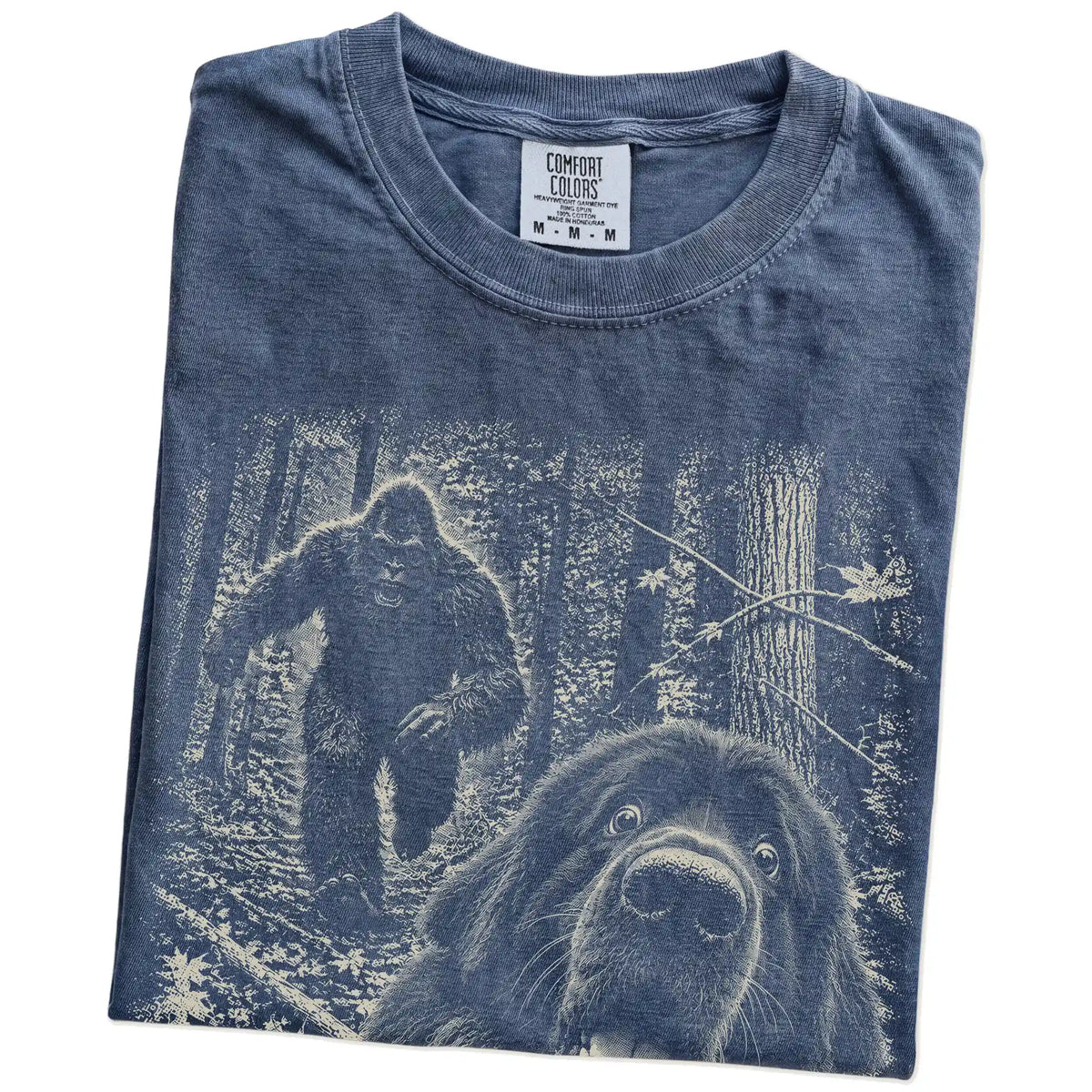 Denim Newfie Bigfoot selfie T-shirt, close-up view