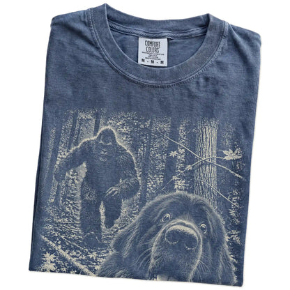 Denim Newfie Bigfoot selfie T-shirt, close-up view