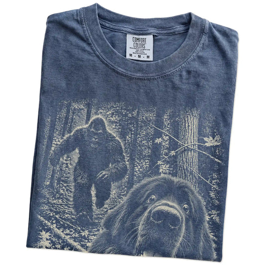 Denim Newfie Bigfoot selfie T-shirt, close-up view