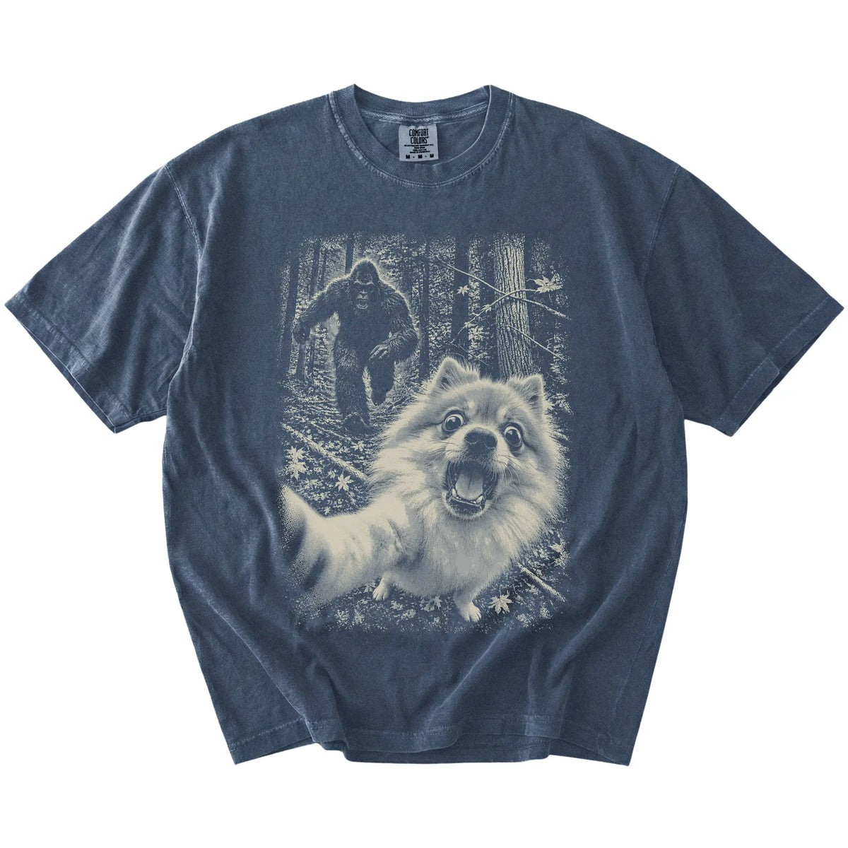 Denim Pomeranian Bigfoot selfie T-shirt, full garment view