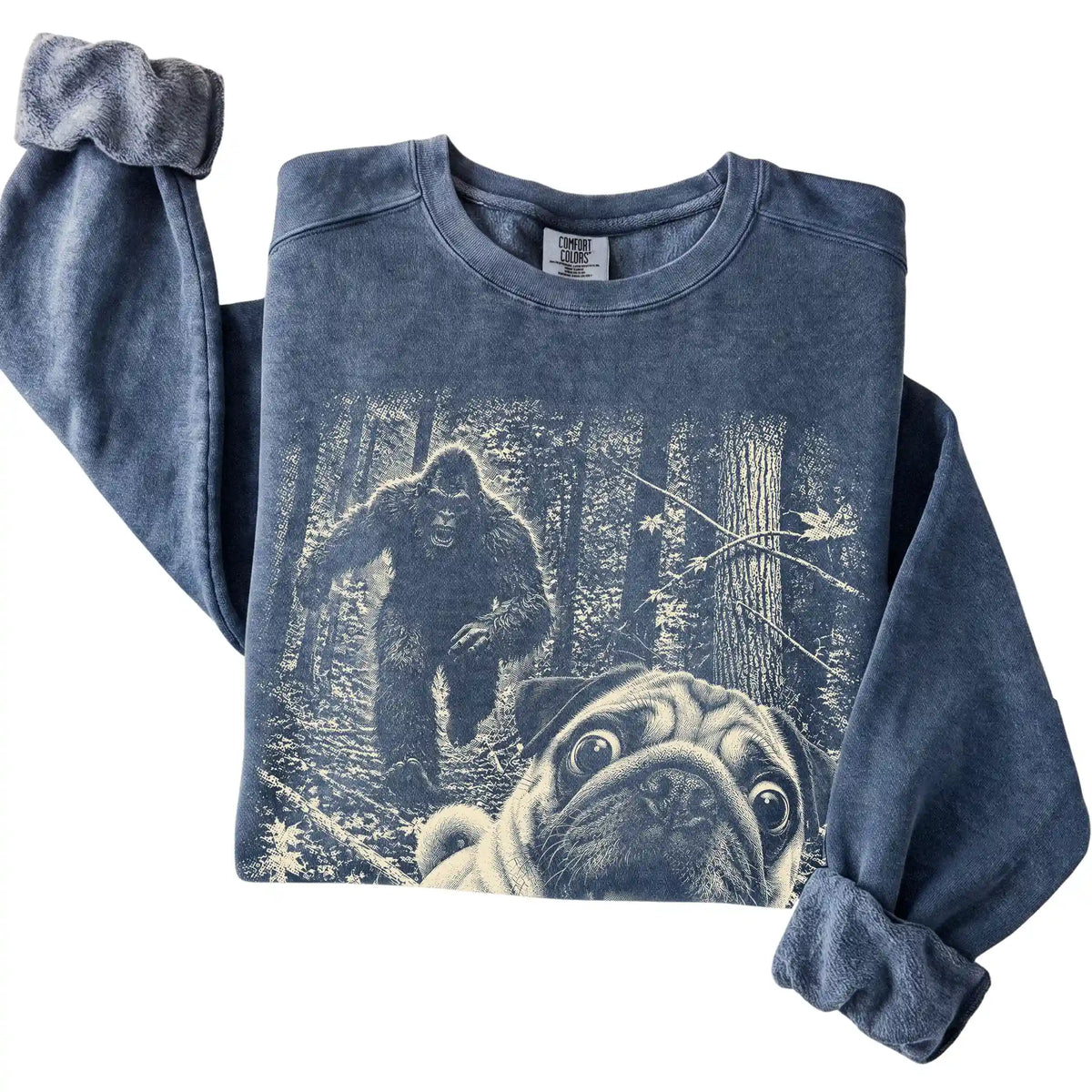 Denim Pug Bigfoot selfie sweatshirt, close-up view