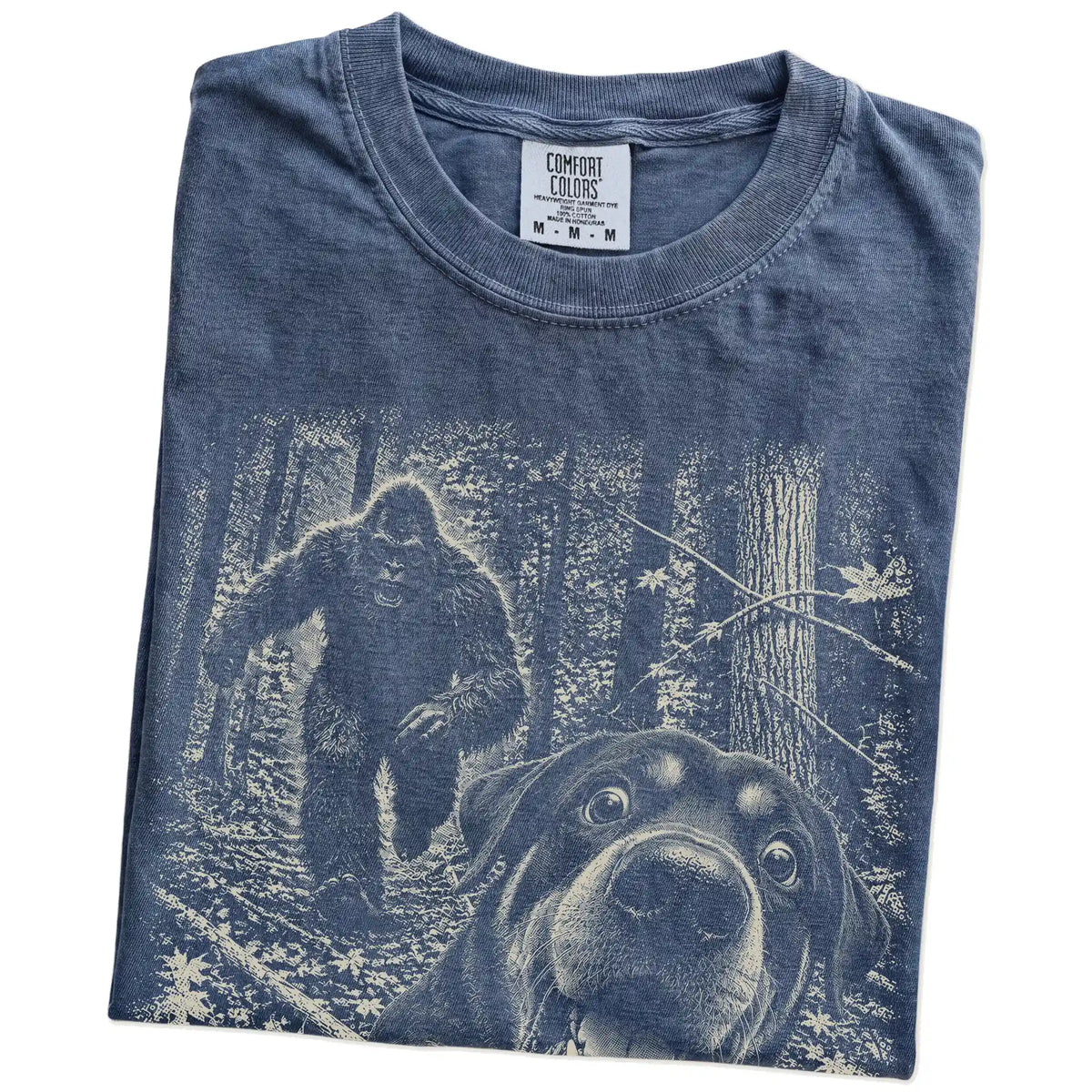 Denim Rottweiler Bigfoot selfie T-shirt, close-up view