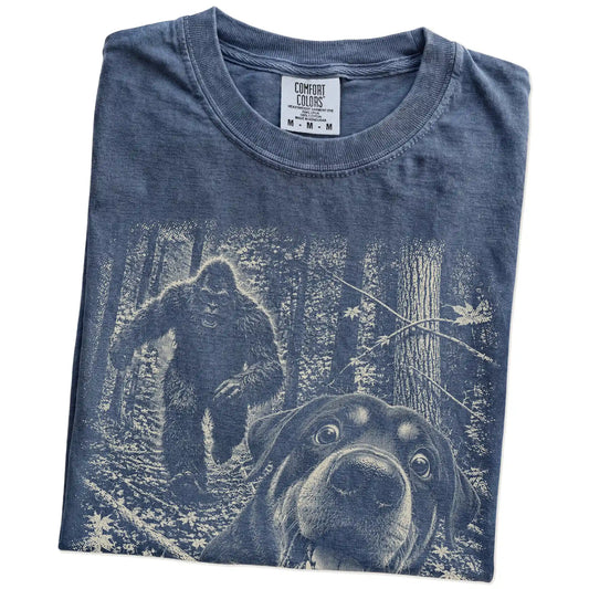 Denim Rottweiler Bigfoot selfie T-shirt, close-up view