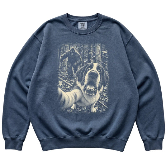 Denim Saint Bernard Bigfoot selfie sweatshirt, full garment view