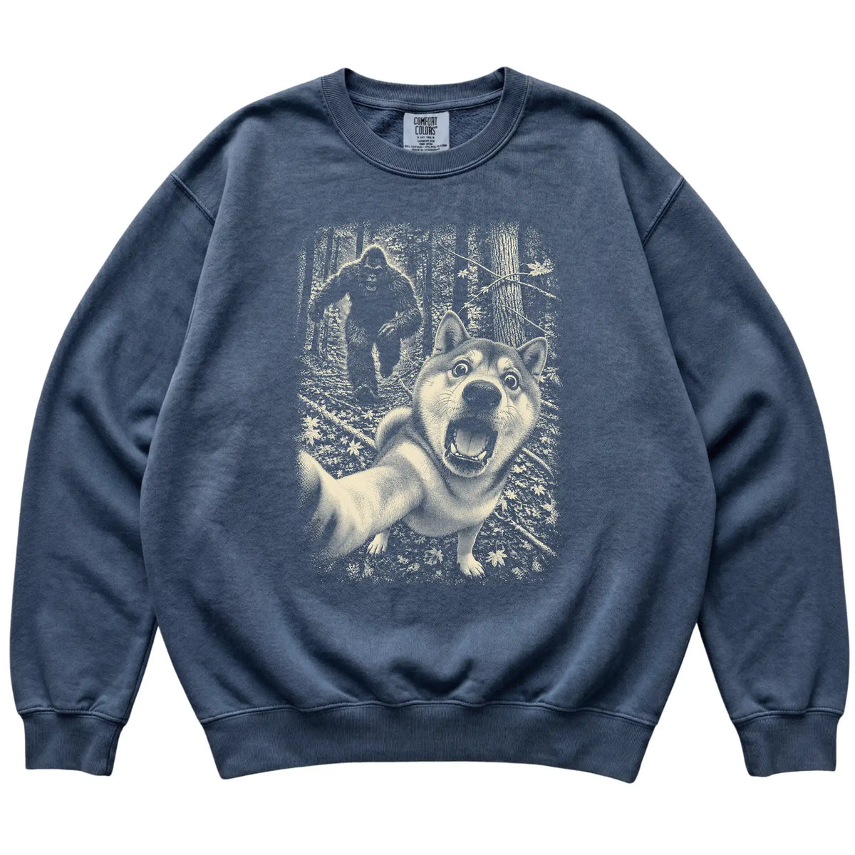 Denim Shiba Inu Bigfoot selfie sweatshirt, full garment view