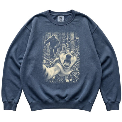 Denim Shiba Inu Bigfoot selfie sweatshirt, full garment view