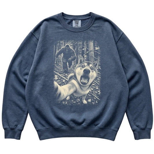 Denim Shiba Inu Bigfoot selfie sweatshirt, full garment view