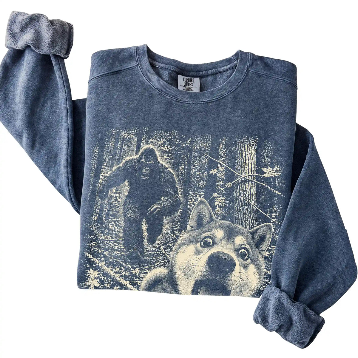Denim Shiba Inu Bigfoot selfie sweatshirt, close-up view