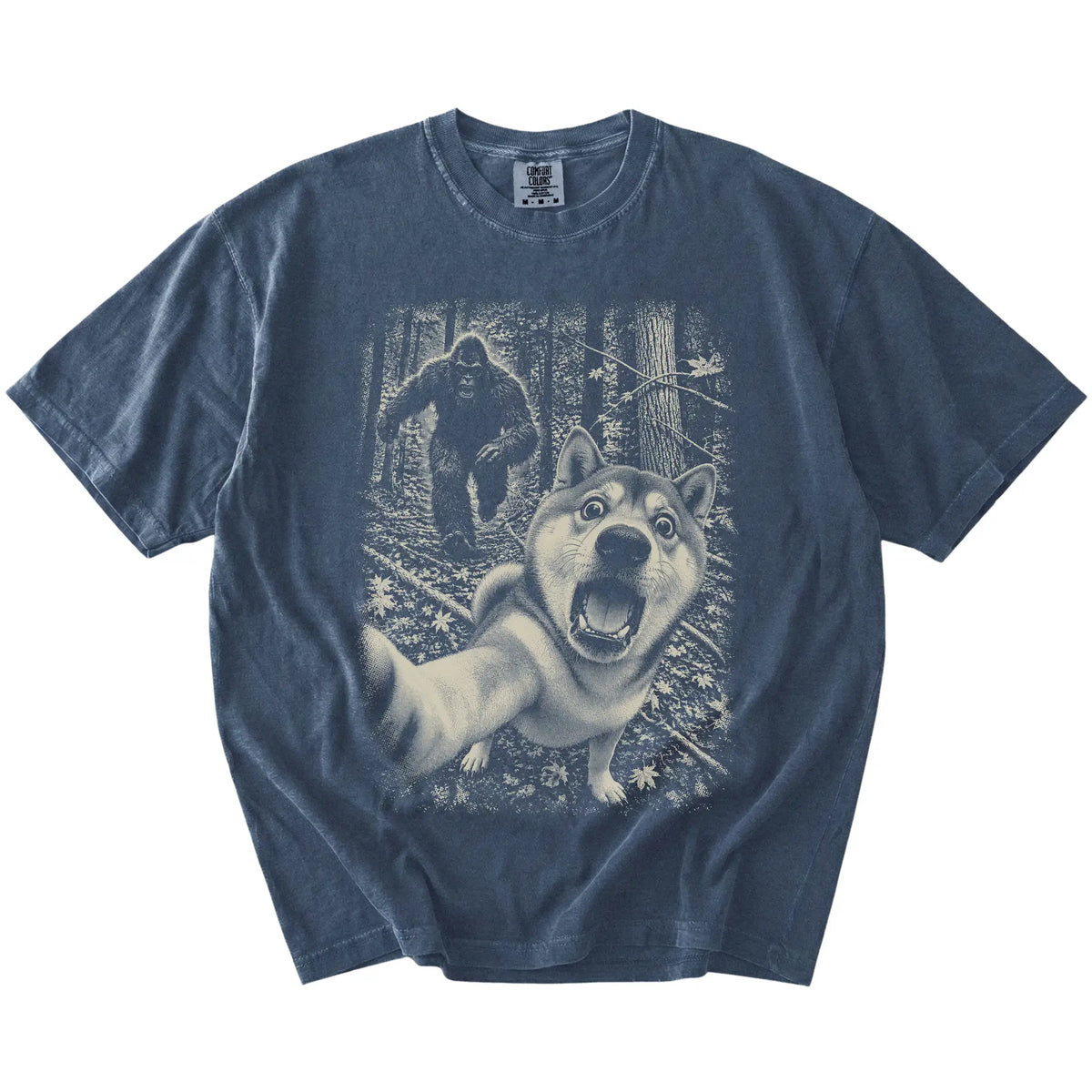 Denim Shiba Inu Bigfoot selfie T-shirt, full garment view