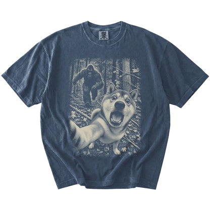Denim Shiba Inu Bigfoot selfie T-shirt, full garment view