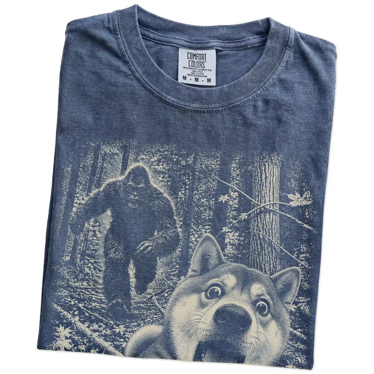 Denim Shiba Inu Bigfoot selfie T-shirt, close-up view