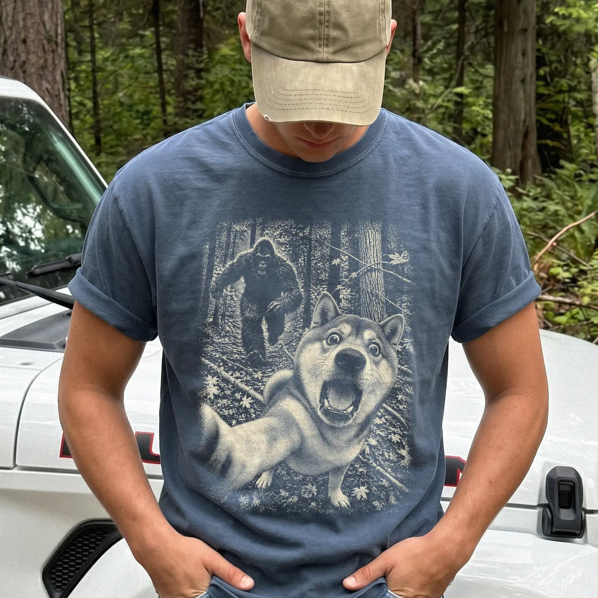 Denim Shiba Inu Bigfoot selfie T-shirt, worn by a model