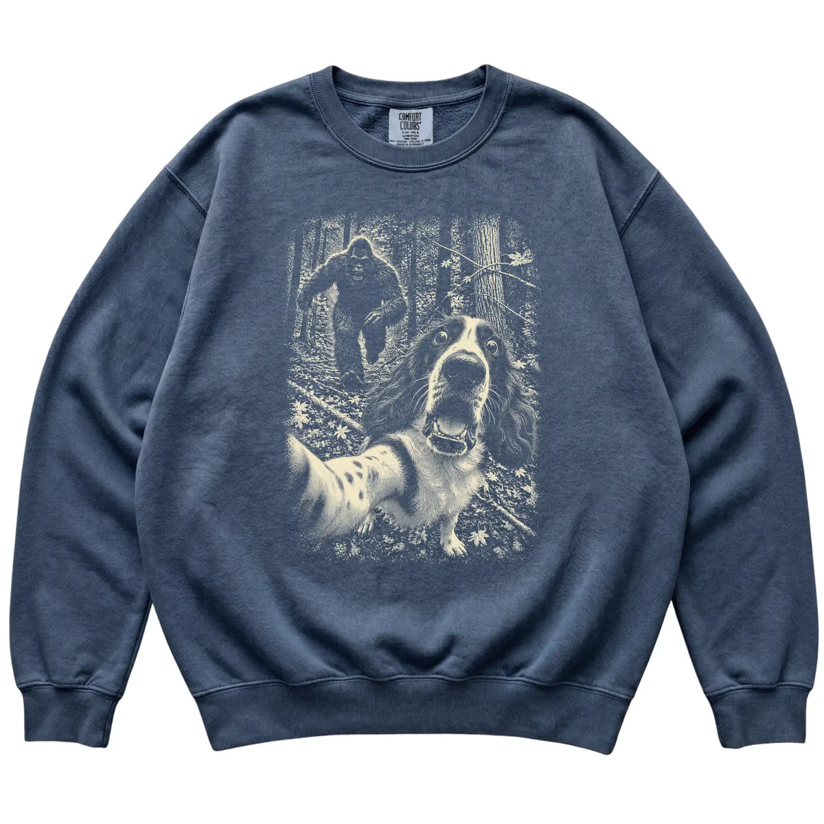 Denim Springer Spaniel Bigfoot selfie sweatshirt, full garment view