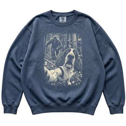 Denim Springer Spaniel Bigfoot selfie sweatshirt, full garment view